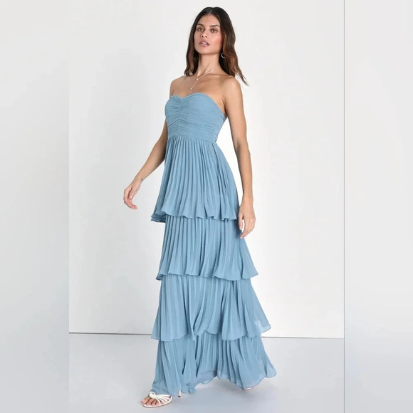 Lulus Seriously Sensational Light Blue Strapless Tiered Maxi Dress Wedding Party - Picture 3 of 9